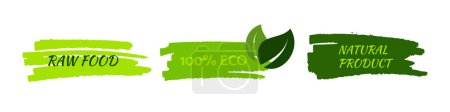 Téléchargez les illustrations : Green natural bio labels. Set of three green organic, bio, eco, vegan labels on hand drawn stains. Vector illustration - en licence libre de droit