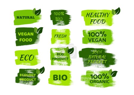 Téléchargez les illustrations : Green natural bio labels. Big set of green organic, bio, eco, vegan labels on hand drawn stains. Vector illustration - en licence libre de droit