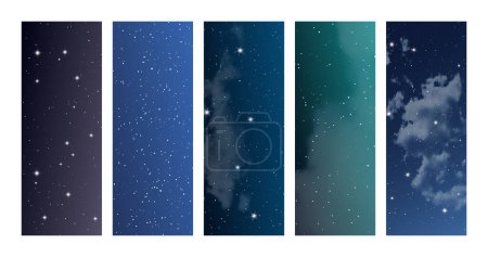 Illustration for Night sky with clouds and many stars. Set of abstract nature vertical backgrounds with stardust in deep universe. Vector illustration - Royalty Free Image
