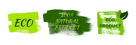 Téléchargez les illustrations : Green natural bio labels. Set of green organic, bio, eco, vegan labels on hand drawn stains. Vector illustration - en licence libre de droit