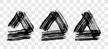 Illustration for Black grunge brush strokes in triangle form. Set of three painted ink triangles. Ink spot isolated on transparent background. Vector illustration - Royalty Free Image