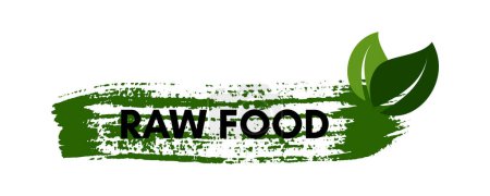 Téléchargez les illustrations : Green natural bio label. The inscription Raw food on green label on hand drawn stains. Vector illustration - en licence libre de droit