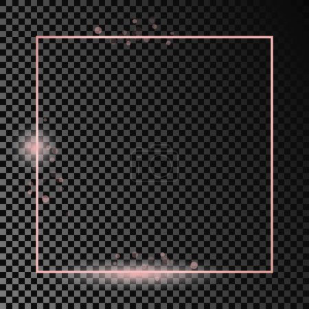 Illustration for Rose gold glowing square frame isolated on dark transparent background. Shiny frame with glowing effects. Vector illustration - Royalty Free Image
