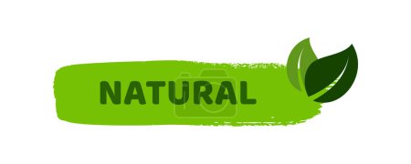 Téléchargez les illustrations : Green natural bio label. The inscription Natural on green label on hand drawn stains. Vector illustration - en licence libre de droit