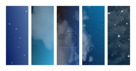 Ilustración de Cielo nocturno con nubes y muchas estrellas. Conjunto de fondos verticales de naturaleza abstracta con polvo de estrellas en el universo profundo. Ilustración vectorial - Imagen libre de derechos