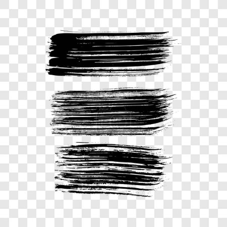 Téléchargez les illustrations : Set of three black brush strokes. Hand drawn ink spots isolated on transparent background. Vector illustration - en licence libre de droit