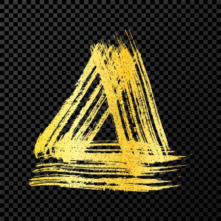 Ilustración de Pinceladas grunge oro en forma de triángulo. Triángulo de tinta pintada. Mancha de tinta aislada sobre fondo transparente oscuro. Ilustración vectorial - Imagen libre de derechos