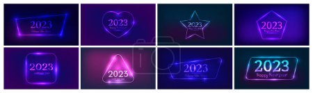 Illustration for 2023 Happy New Year neon background. Big set of neon backdrops with different geometric frames with shining effects and inscription Happy New Year. Dark background for Christmas holiday greeting card, flyers or posters. Vector illustration - Royalty Free Image