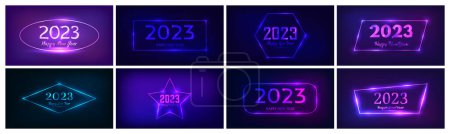 Illustration for 2023 Happy New Year neon background. Big set of neon backdrops with different geometric frames with shining effects and inscription Happy New Year. Dark background for Christmas holiday - Royalty Free Image