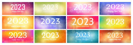 Illustration for Happy new year 2023 incription on blurred background. Set of new year background. White numbers on backdrop with confetti, bokeh and lens flare. Vector illustration - Royalty Free Image
