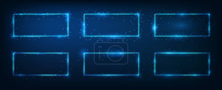Illustration for Set of neon double rectangular frames with shining effects and sparkles on dark background. Empty glowing techno backdrop. Vector illustration - Royalty Free Image