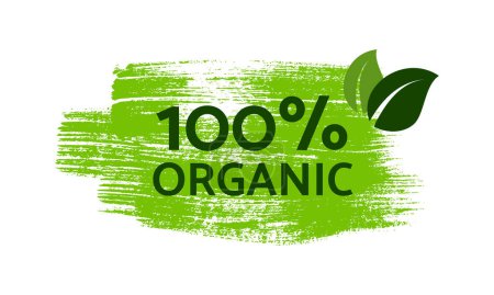Illustration for Green natural bio label. The inscription 100% organic on green label on hand drawn stains. Vector illustration - Royalty Free Image