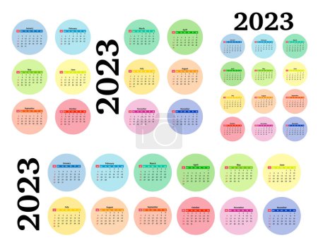 Ilustración de Conjunto de tres calendarios para 2023 en diferentes formas aisladas sobre un fondo blanco. De domingo a lunes, plantilla de negocios. Ilustración vectorial - Imagen libre de derechos