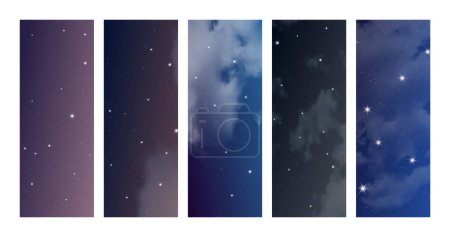 Illustration for Night sky with clouds and many stars. Set of abstract nature vertical backgrounds with stardust in deep universe. Vector illustration - Royalty Free Image