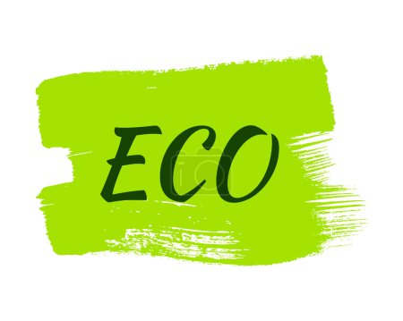 Téléchargez les illustrations : Green natural bio label. The inscription Eco on green label on hand drawn stains. Vector illustration - en licence libre de droit