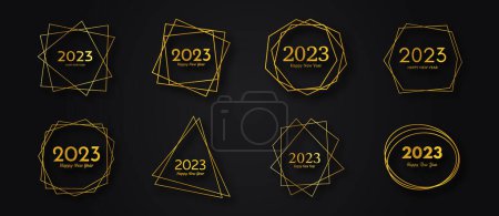 Ilustración de Set of 2023 Happy New Year gold geometric polygonal backgrounds. Gold geometric polygonal frame with shining effects for Christmas holiday greeting card, flyers or posters. Vector illustration - Imagen libre de derechos