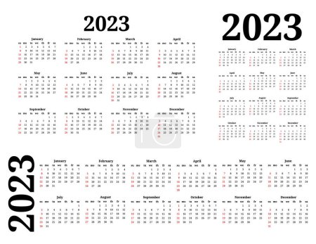 Téléchargez les illustrations : Ensemble de trois calendriers pour 2023 sous différentes formes isolés sur un fond blanc. Du dimanche au lundi, modèle d'affaires. Illustration vectorielle - en licence libre de droit