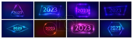 Illustration for 2023 Happy New Year neon background. Big set of neon backdrops with different geometric frames with shining effects and inscription Happy New Year. Dark background for Christmas holiday - Royalty Free Image