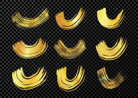 Illustration for Gold grunge semicircular brush strokes. Big set of painted wavy ink stripes. Ink spot isolated on dark transparent background. Vector illustration - Royalty Free Image