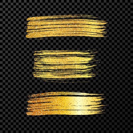 Illustration for Set of three gold brush strokes. Hand drawn ink spots isolated on dark transparent background. Vector illustration - Royalty Free Image