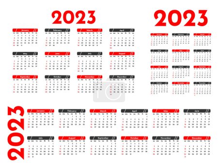 Illustration for Set of three calendars for 2023 in different forms isolated on a white background. Sunday to Monday, business template. Vector illustration - Royalty Free Image