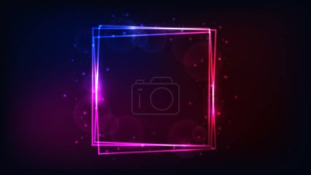 Illustration for Neon square frame with shining effects and sparkles on dark background. Empty glowing techno backdrop. Vector illustration - Royalty Free Image