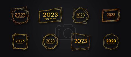 Illustration for Set of 2023 Happy New Year gold geometric polygonal backgrounds. Gold geometric polygonal frame with shining effects for Christmas holiday greeting card, flyers or posters. Vector illustration - Royalty Free Image