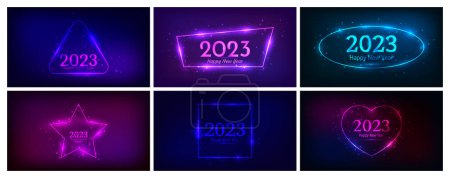 Illustration for 2023 Happy New Year neon background. Set of neon backdrops with circle frames with shining effects and sparkles and inscription Happy New Year - Royalty Free Image