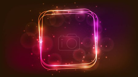 Illustration for Neon rounded square frame with shining effects and sparkles on dark background. Empty glowing techno backdrop. Vector illustration - Royalty Free Image