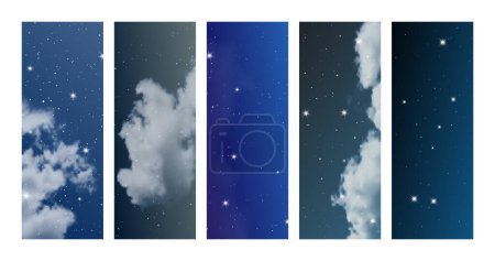 Téléchargez les illustrations : Ciel nocturne avec nuages et de nombreuses étoiles. Ensemble de fonds verticaux de nature abstraite avec poussière d'étoiles dans l'univers profond. Illustration vectorielle - en licence libre de droit