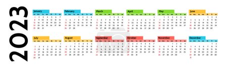 Ilustración de Horizontal calendar for 2023 isolated on a white background. Sunday to Monday, business template. Vector illustration - Imagen libre de derechos