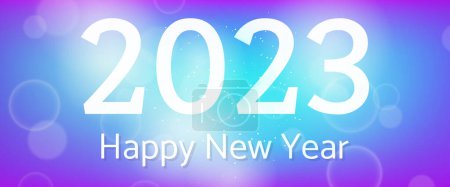 Illustration for Happy new year 2023 incription on blurred background. White numbers on backdrop with confetti, bokeh and lens flare. Vector illustration - Royalty Free Image