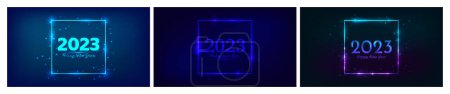 Illustration for 2023 Happy New Year neon background. Set of three neon backdrops with square frames with shining effects and sparkles and inscription Happy New Year. Dark background for Christmas holiday greeting card, flyers or posters - Royalty Free Image