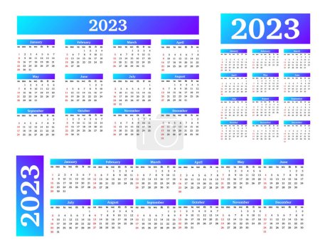 Téléchargez les illustrations : Ensemble de trois calendriers pour 2023 sous différentes formes isolés sur un fond blanc. Du dimanche au lundi, modèle d'affaires. Illustration vectorielle - en licence libre de droit