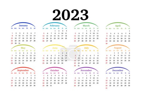 Téléchargez les illustrations : Calendar for 2023 isolated on a white background. Sunday to Monday, business template. Vector illustration - en licence libre de droit