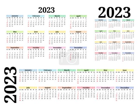 Illustration for Set of three calendars for 2023 in different forms isolated on a white background. Sunday to Monday, business template. Vector illustration - Royalty Free Image