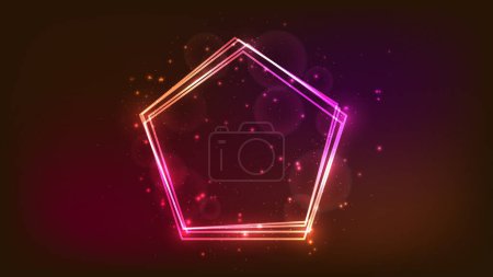 Illustration for Neon frame in pentagon form with shining effects and sparkles on dark background. Empty glowing techno backdrop. Vector illustration - Royalty Free Image