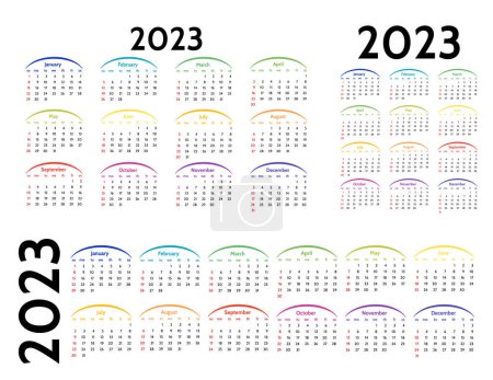 Ilustración de Conjunto de tres calendarios para 2023 en diferentes formas aisladas sobre un fondo blanco. De domingo a lunes, plantilla de negocios. Ilustración vectorial - Imagen libre de derechos