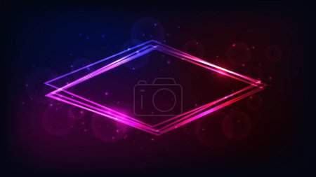 Illustration for Neon rhombus frame with shining effects and sparkles on dark background. Empty glowing techno backdrop. Vector illustration - Royalty Free Image