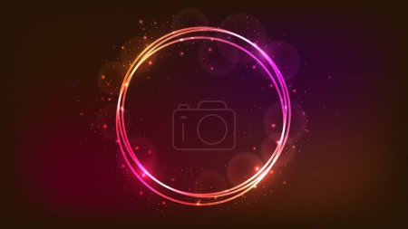 Illustration for Neon round frame with shining effects and sparkles on dark background. Empty glowing techno backdrop. Vector illustration - Royalty Free Image