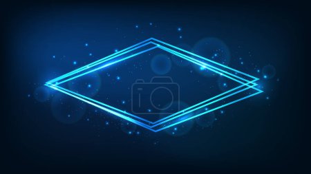 Illustration for Neon rhombus frame with shining effects and sparkles on dark background. Empty glowing techno backdrop. Vector illustration - Royalty Free Image