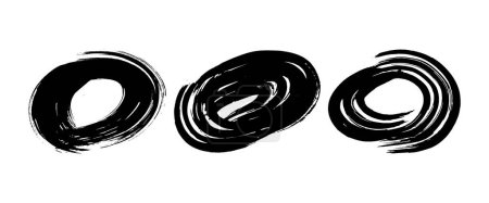 Ilustración de Pinceladas grunge negras en forma de círculo. Conjunto de tres círculos de tinta pintados. Mancha de tinta aislada sobre fondo blanco. Ilustración vectorial - Imagen libre de derechos