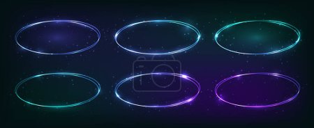 Illustration for Set of neon double oval frames with shining effects and sparkles on dark background. Empty glowing techno backdrop. Vector illustration - Royalty Free Image