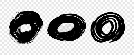 Téléchargez les illustrations : Coups de pinceau grunge noir en forme de cercle. Ensemble de trois cercles d'encre peints. Encre isolée sur fond transparent. Illustration vectorielle - en licence libre de droit