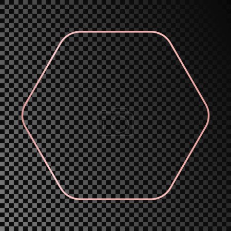 Illustration for Rose gold glowing rounded hexagon frame isolated on dark transparent background. Shiny frame with glowing effects. Vector illustration - Royalty Free Image