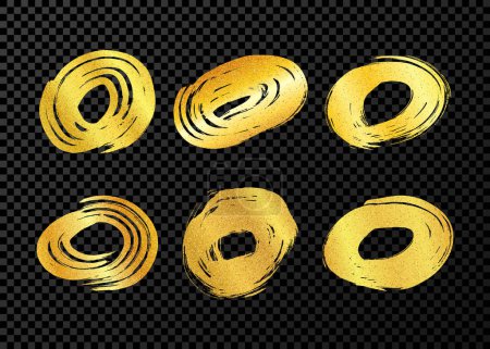 Illustration for Gold grunge brush strokes in circle form. Set of painted ink circles. Ink spot isolated on dark transparent background. Vector illustration - Royalty Free Image