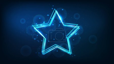 Illustration for Neon frame in star form with shining effects and sparkles on dark background. Empty glowing techno backdrop. Vector illustration - Royalty Free Image