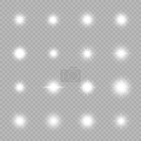 Ilustración de Efecto luminoso de las bengalas. Conjunto de dieciséis luces blancas brillantes efectos de explosión estelar con destellos sobre un fondo gris transparente. Ilustración vectorial - Imagen libre de derechos