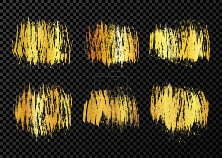 Illustration for Big set of gold brush strokes. Hand drawn ink spots isolated on dark transparent background. Vector illustration - Royalty Free Image