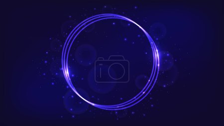 Illustration for Neon round frame with shining effects and sparkles on dark background. Empty glowing techno backdrop. Vector illustration - Royalty Free Image